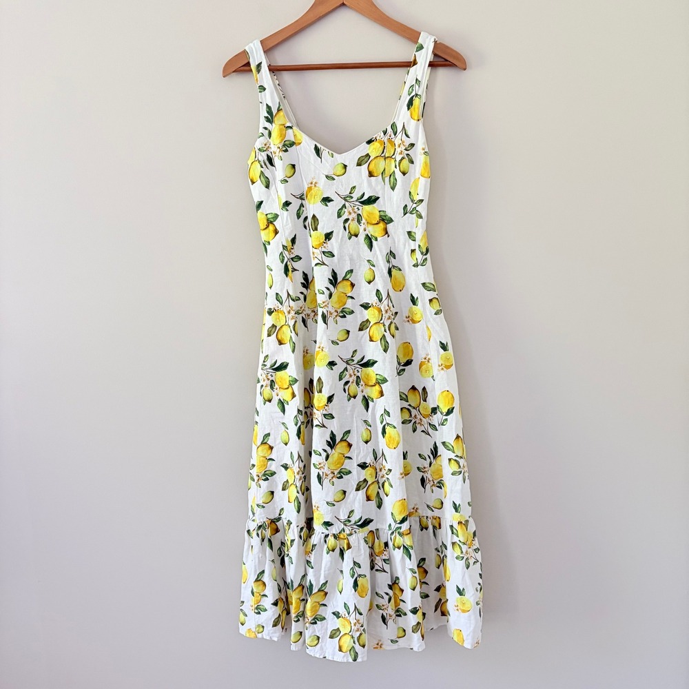 Cynthia Rowley Dress 2 White Yellow Lemon Print Linen Blend Ruffle Midi Smocked